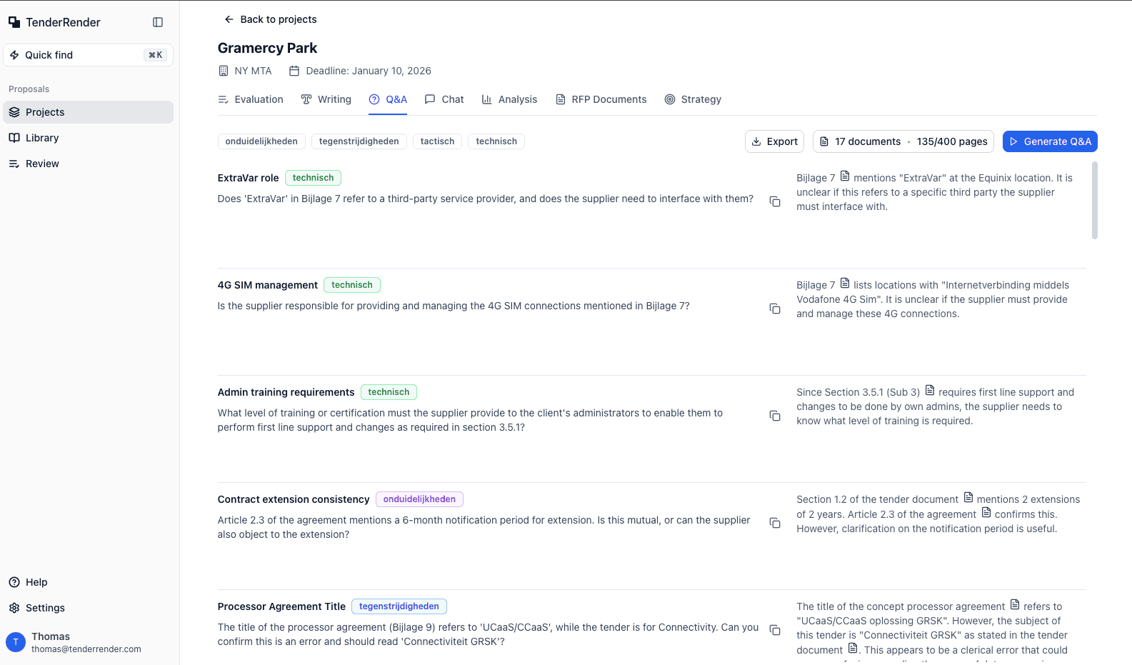Q&A question generation interface showing categorized clarification questions