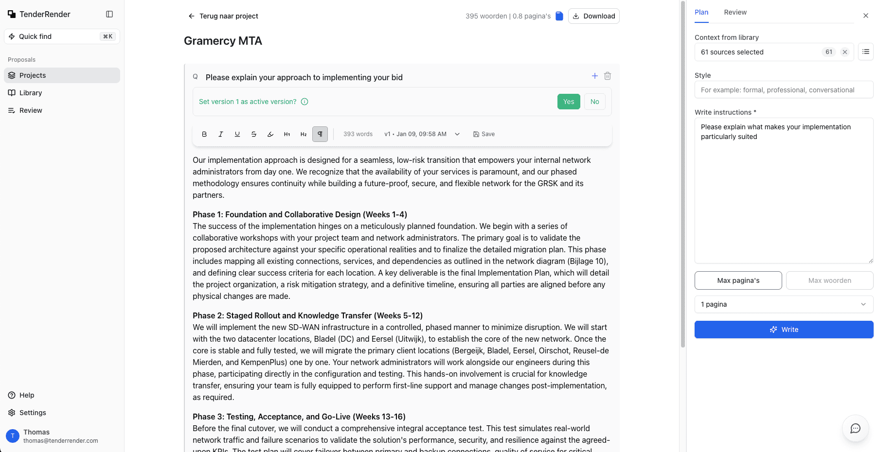 TenderRender AI Proposal Writer interface