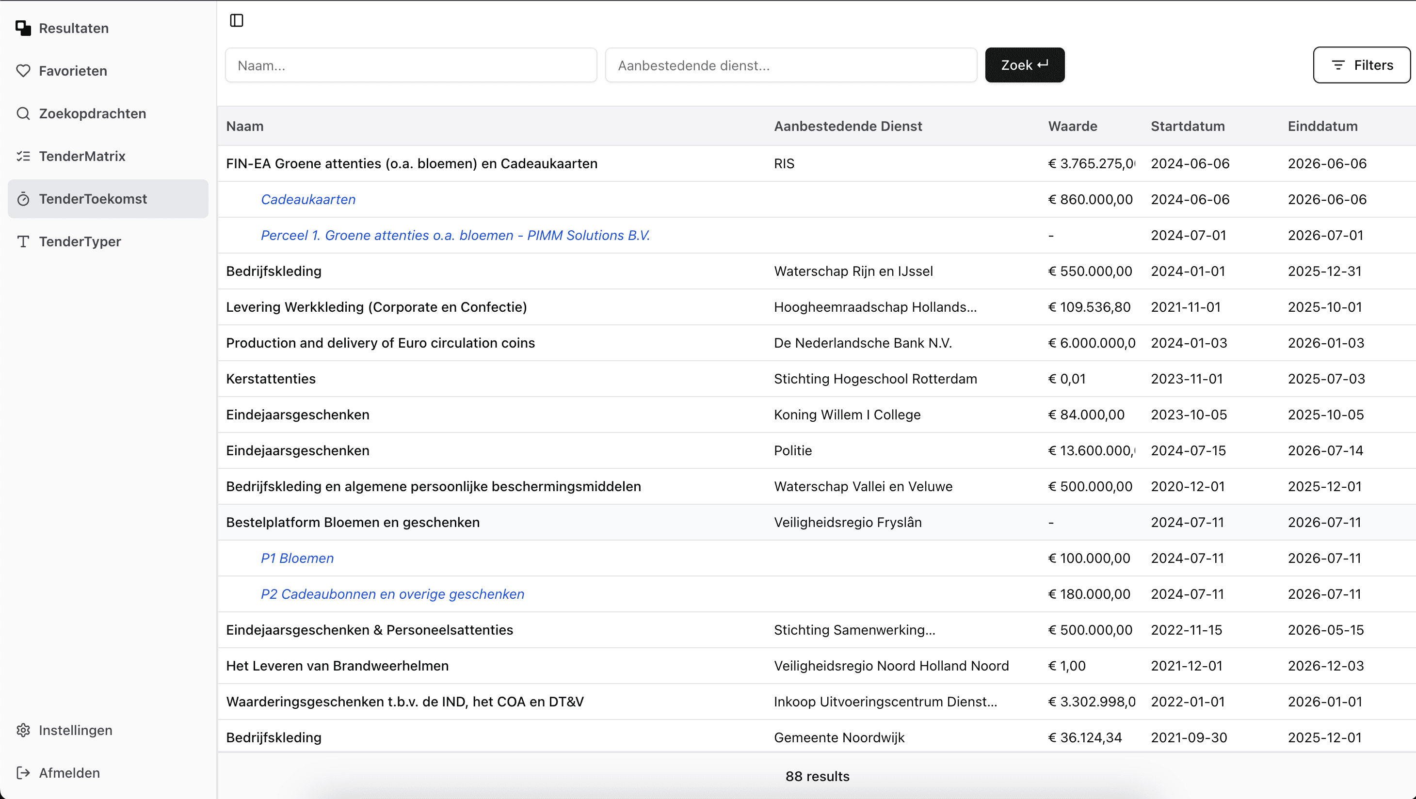 Screenshot van het TenderToekomst-platform met aflopende tenders