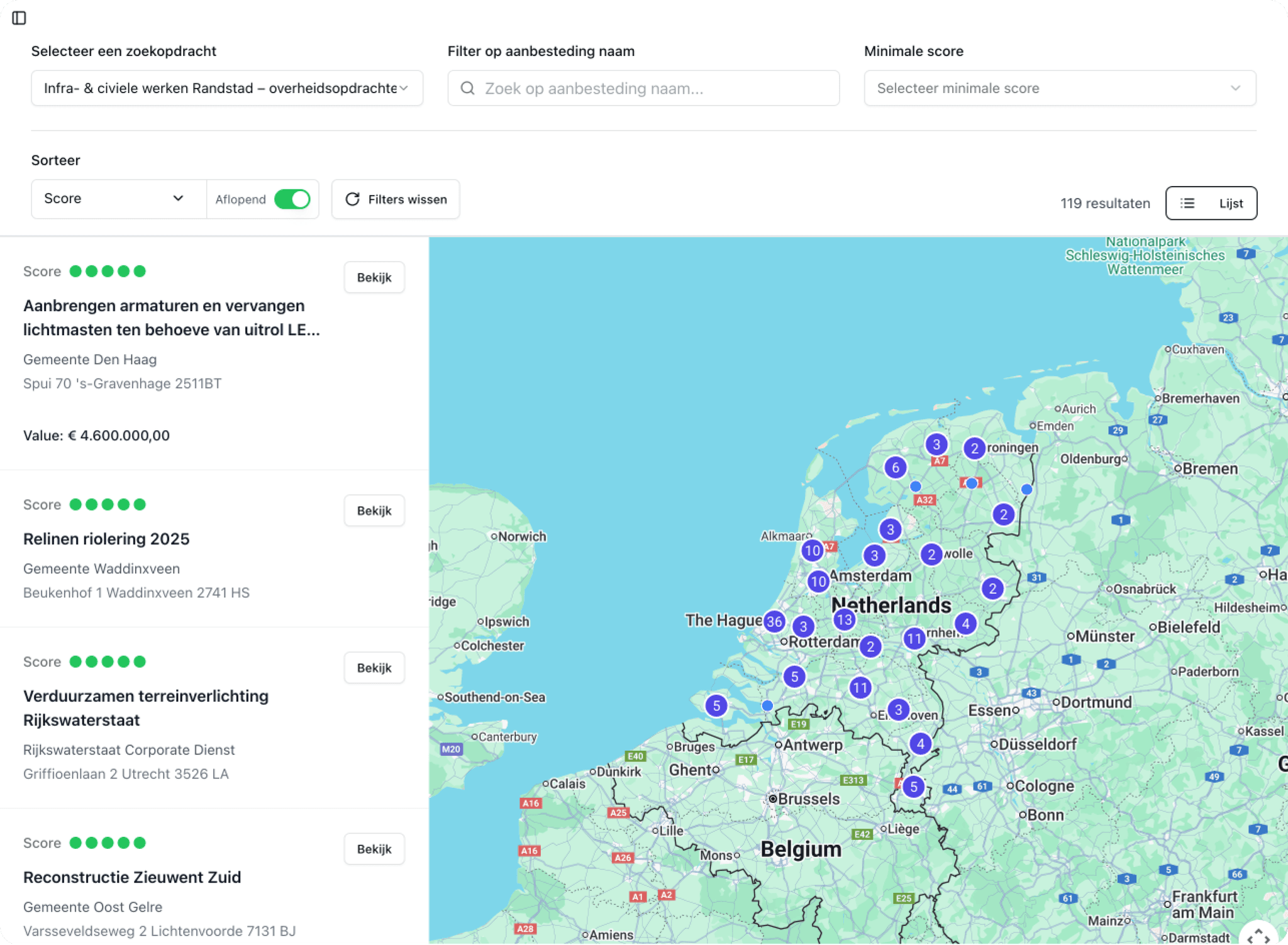 TenderRender kaart weergave met tenders